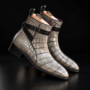 Crocodile Embossed Leather Boots for Men, Luxury Ankle Boots, Handmade Dress Boots, Designer Chelsea Style Boots, Formal Boots