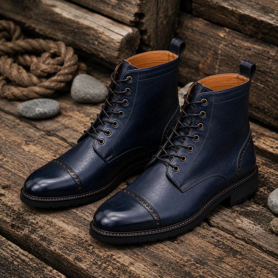 navy dress brown ankle boots Handmade Blue Leather Cap Toe Boots, Men's Lace up Shoes Quality rubber has been
