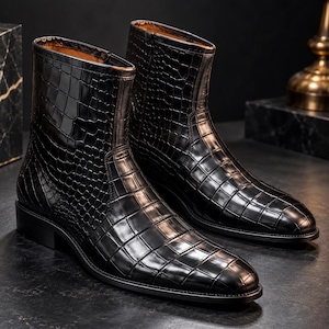 Könnte beinhalten: Ein Paar schwarze Stiefeletten mit glänzender Oberfläche und texturiertem Krokodilledermuster. Die Stiefel haben eine strukturierte Silhouette, eine abgerundete Zehenpartie, einen seitlichen Reißverschluss und einen niedrigen Absatz.