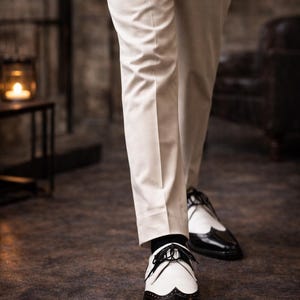 Handcrafted Black & White Leather Wingtip Derby Shoes – Formal Men's Footwear image 4