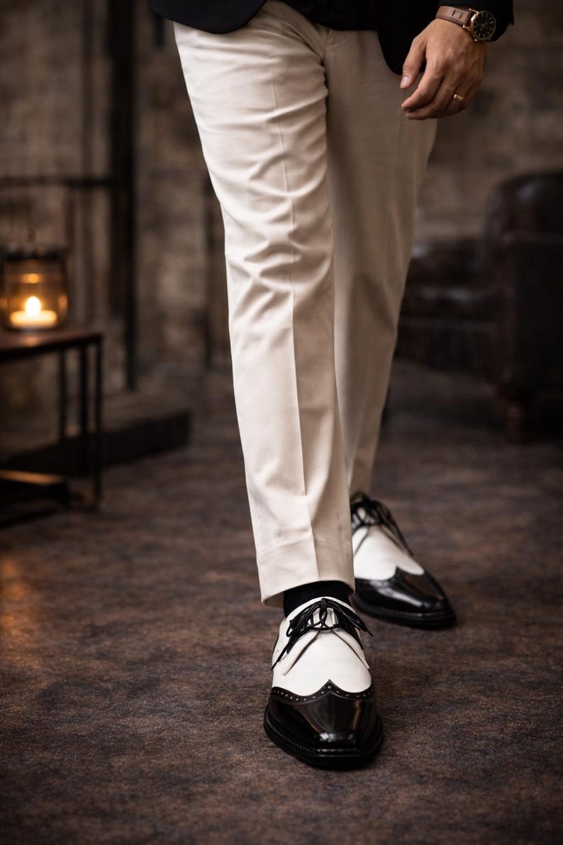 Handcrafted Black & White Leather Wingtip Derby Shoes – Formal Men's Footwear image 4