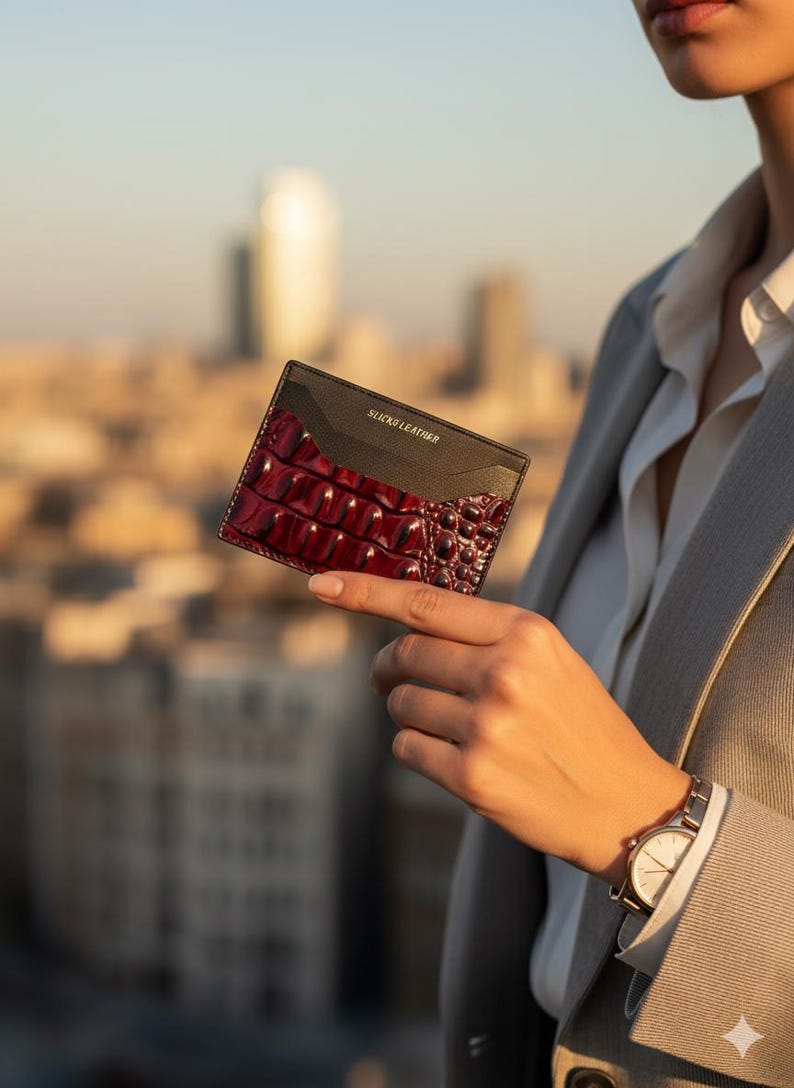 May include: A two-tone leather cardholder with a burgundy crocodile-embossed section and a black top. The cardholder is held up against a blurred cityscape background. The text "SLICK& LEATHER" is printed on the top.