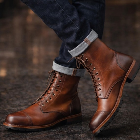 Men's Handmade Brown Leather Lace-up Boots, Classic Cap Toe Dress Style