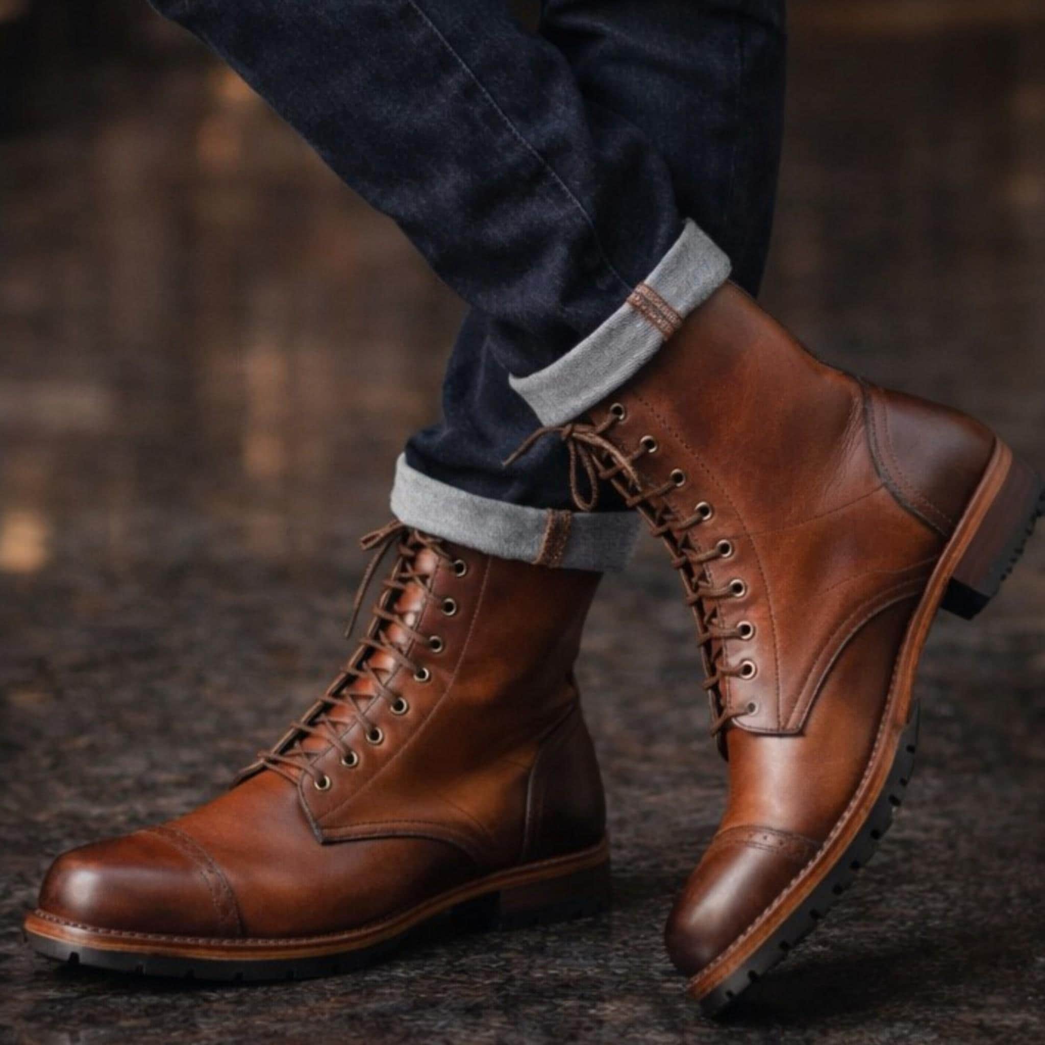 brown boots dress shoes Men's Handmade Leather Lace-up Boots, Classic Cap Toe Style dress cowboy boots for men