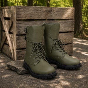 May include: Olive green combat boots with black soles and laces. The boots have a mid-calf height and feature a buckle detail on the side. The boots are displayed on a stone surface with a wooden crate in the background.