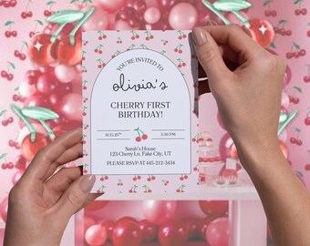 Invito per il primo compleanno di Cherry: modello per festa modificabile (download digitale 5x7")