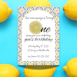 Our Main Squeeze First Birthday Invitation Template |  Lemon Themed Birthday Invite | Editable 1st Birthday Evite | Lemon and Blue Template