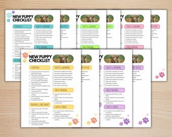 May include: A collection of printable "New Puppy Checklist" sheets. Each sheet features sections for essentials, health & grooming, house training, and safety & travel. The sheets have a white background with colorful paw prints.