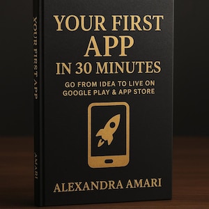 Puede incluir: Un libro negro titulado "Your First App in 30 Minutes" con letras doradas. La portada presenta un icono de smartphone con un cohete. El nombre de la autora, Alexandra Amari, está en la parte inferior.