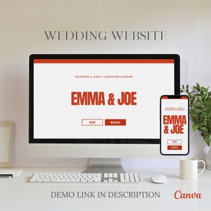 May include: A computer monitor and smartphone showcase a wedding website design. The website displays "EMMA & JOE" in red, with the date "OCTOBER 6, 2026" and location "LANDMARK LONDON". The words "RSVP" and "DETAILS" are also visible on the website.