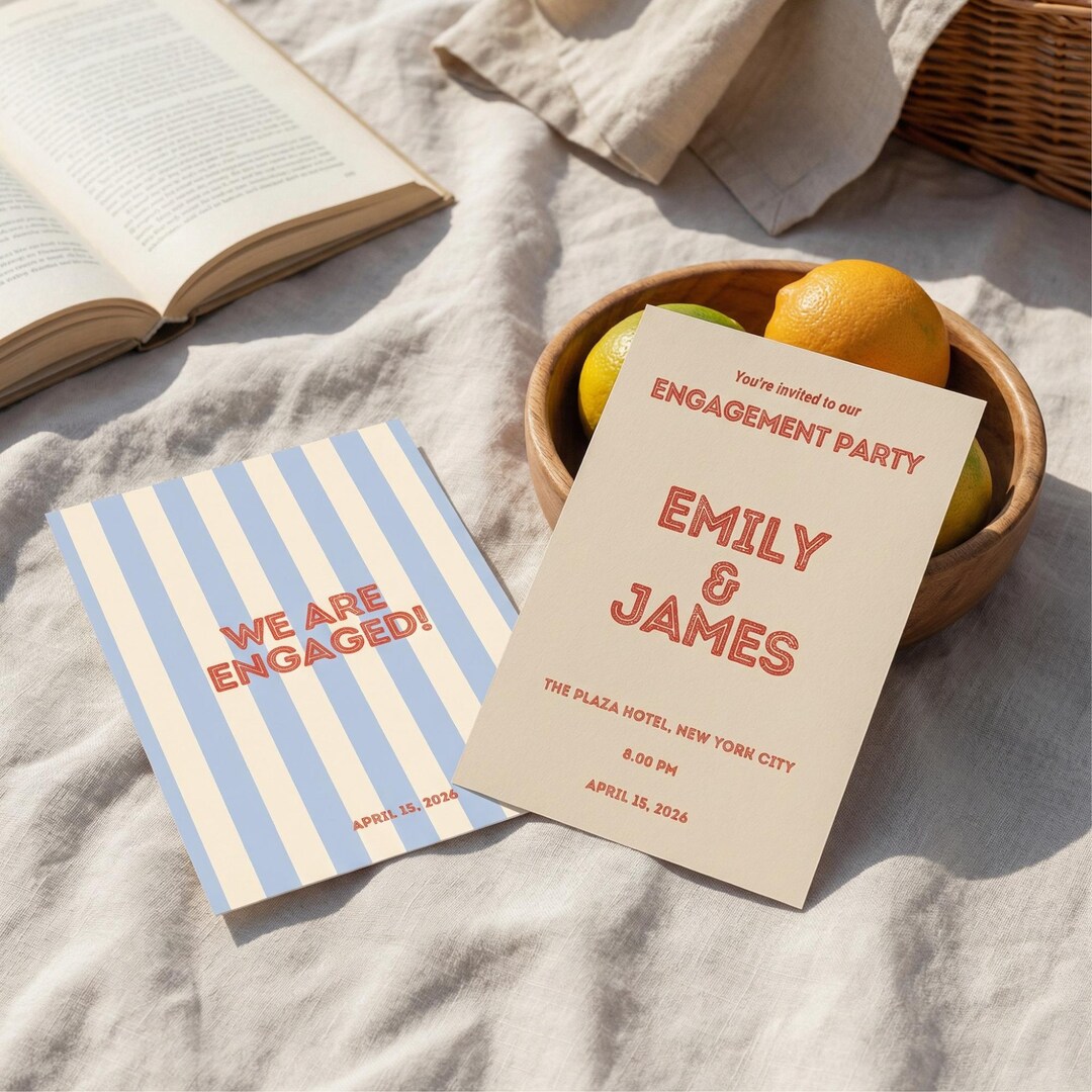 Retro Bold Engagement Invitation Template, Bold Stripe Blue and Red ...