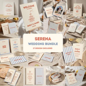 Könnte beinhalten: Eine Sammlung von Hochzeitsbriefpapier, darunter Willkommensschilder, Menüs und Karten. Die Designs haben einen cremefarbenen Hintergrund mit roten und blauen Akzenten. Der Text "Serena Wedding Bundle" ist deutlich sichtbar.
