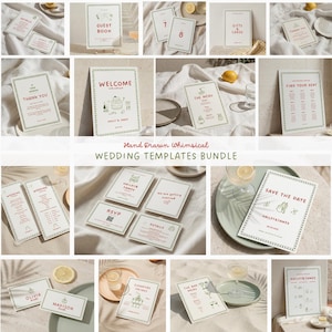 Hand Drawn Wedding Templates Bundle,Whimsical Fun Invitation &  Signs Complete Set , GR1