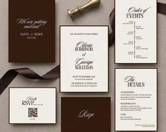 Puede incluir: Un conjunto de papelería de boda con tarjetas de color marrón oscuro y crema con tipografía elegante. Incluye una invitación, tarjeta RSVP con código QR, orden de eventos, tarjeta de detalles y un sello de metal con una cinta marrón.