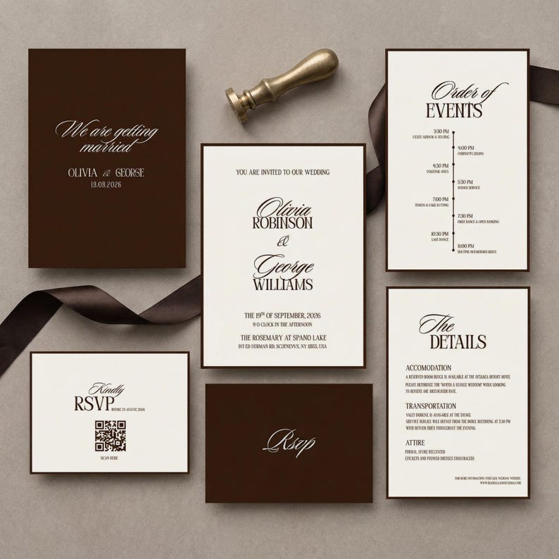 Op de afbeelding: Een trouwkaarten set bestaande uit donkerbruine en cr&egrave;mekleurige kaarten met elegante typografie. Bevat een uitnodiging, RSVP-kaart met QR-code, dagindeling, detailkaart en een metalen zegelstempel met een bruin lint.