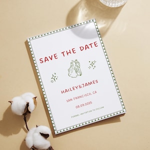 Modello SAVE THE DATE, invito di nozze scritto a mano, stravagante, disegnato a mano, funky, invito illustrato, scarabocchiato, colorato, digitale, rosso
