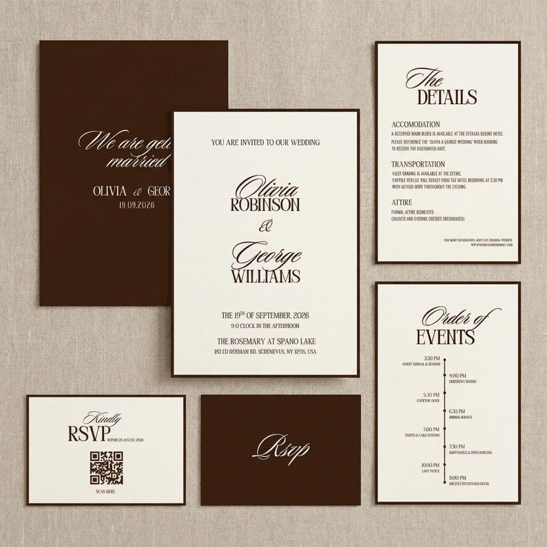 Luxe Espresso Trouwuitnodigingsset, Elegant en Tijdloos Pakket (Canva Sjabloon) afbeelding 2