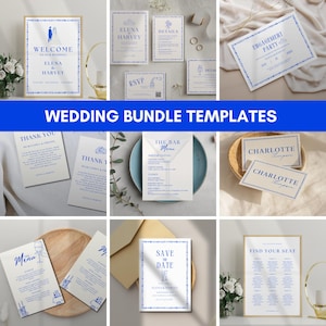 Vintage Wedding Signs Bundle, Whimsical Wedding Stationery Bundle, Blue llustrated Wedding InvitesSuite, Editable Wedding Stationery, Canva