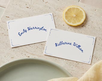 Vintage Blue Place Card Template, Folded Reception Name Cards, BE1