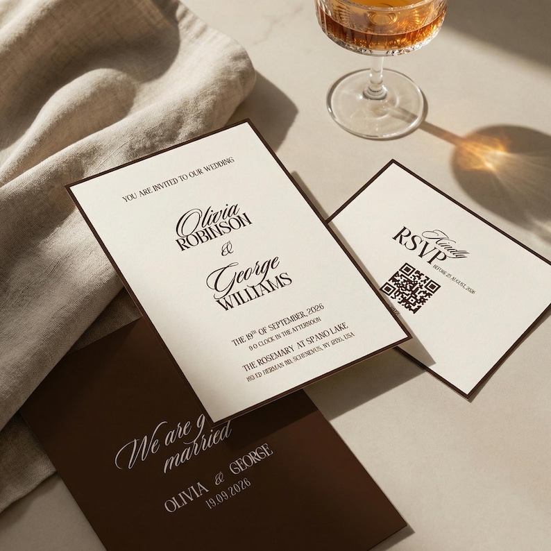 Op de afbeelding: Een trouwkaarten set bestaande uit cr&egrave;mekleurige kaarten met donkerbruine randen en tekst. De hoofdkaart bevat de tekst: You are invited to our wedding, Olivia Robinson & George Williams, 19th of September, 2026.