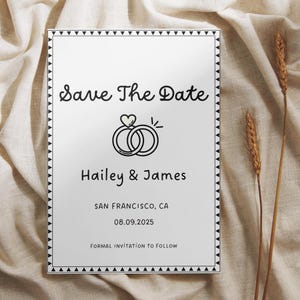 Invito Save the Date disegnato a mano, Save the Date scritto a mano, matrimonio stravagante, bianco e nero, modello Canva, cancelleria stampabile