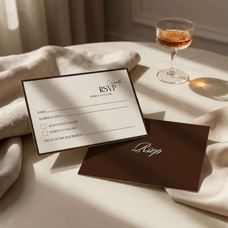 Op de afbeelding: Twee RSVP-kaarten met een bruine rand en witte binnenkant, een met de woorden "Kindly RSVP" en lijnen voor gastinformatie. De andere kaart is bruin met het woord "Rsvp" in cursief. Een glas amberkleurige vloeistof staat in de buurt.