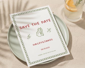 Plantilla de invitación de boda divertida y divertida, dibujada a mano, en verde y rojo, GR1