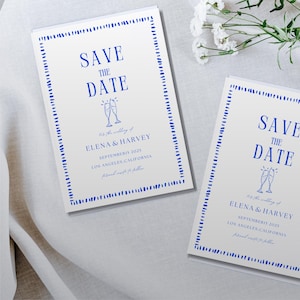 Modelo ilustrado para salvar a data: convites de casamento azuis e brancos (download digital editável do Canva)