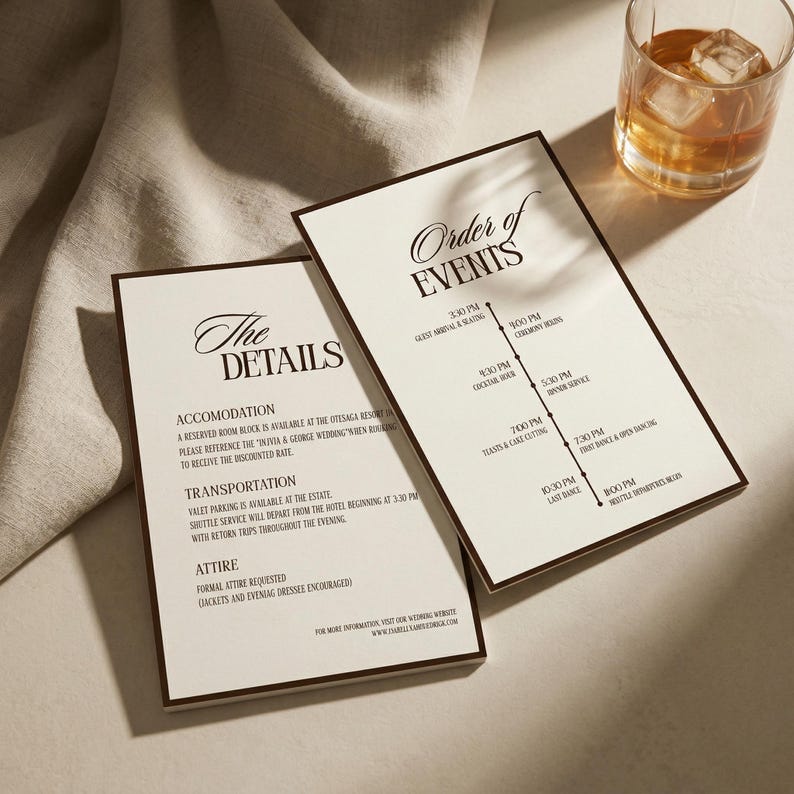 Op de afbeelding: Twee trouwbriefkaarten met bruine randen en elegante kalligrafie. E&eacute;n kaart leest "The Details" en de andere "Order of Events" met een tijdlijn. Een glas whisky met ijs staat in de buurt.