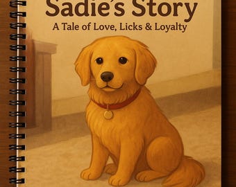Może przedstawiać: Spiralnie oprawiona książka zatytułowana "Sadie's Story" z ilustracją golden retrievera na okładce. Pies ma czerwoną obrożę ze złotą zawieszką. Podtytuł brzmi "A Tale of Love, Licks & Loyalty" i jest autorstwa Aurora Storybooks.
