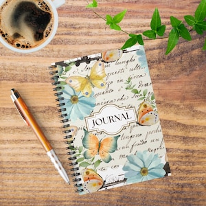 Vintage blommig spiralanteckningsbok: Linjerad journal, fjärilsdesign
