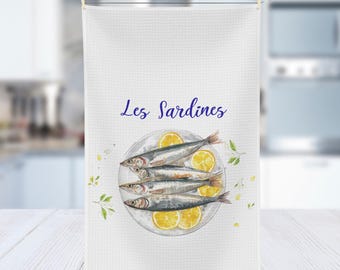 French Riviera Tea Towel: Sardine & Lemon Design - Microfiber Kitchen Decor