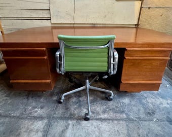 Vintage Art Deco Mid Century Howard Hughes Donald Deskey Style demi lune walnut executive desk.
