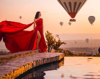 One shoulder dress - Flying Dress for а photoshoot - Flying dress Santorini - Long dress with a train - Long flowing dress for a photoshoot