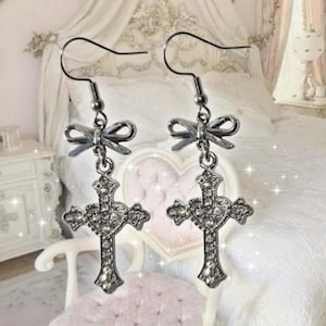 Rhinestone Gothic Cross Mcbling Coquette Bow Grunge Earrings