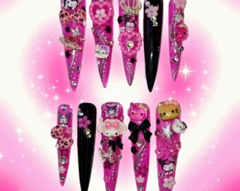 3D Pink Junk Charm Gyaru Y2k Press On Gel Nails