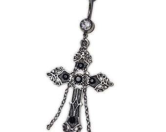 Black Gothic Large Cross Alternative Dangly Chain Belly Bar