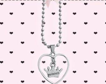 Princess Heart Charm Necklace, Silver Plated Ball Bead Chain
