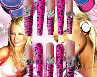 3D Charm Pink Gyaru Y2k Animal Print Press On Gel Nails