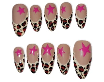 Gyaru Y2k Hot Pink Star Leopard Print Handpainted Grunge Medium Almond Press On Nails
