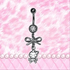Punk Skull Mcbling Trashycore Y2K Coquette Bow Silver Crystal Belly Bar