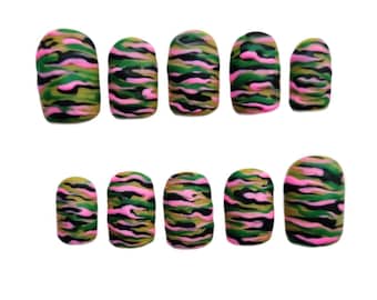 Green and Pink Camo Print Matte Effect Press On Gel Nails