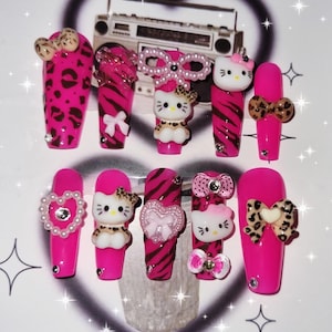 Hot Pink Gyaru Y2k Brown Leopard Zebra Print Handpainted Press On Nails