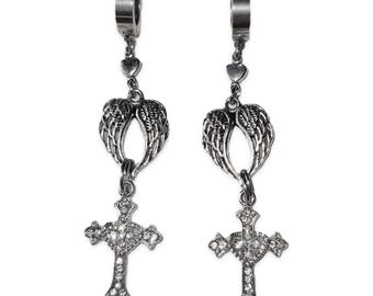Rhinestone Gothic Cross With Angel Wings Mcbling Grunge Hoop Earrings