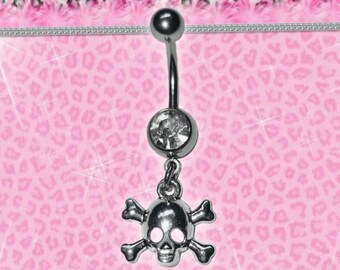 Skull and Crossbone Mcbling Trashycore Y2K Silver Crystal Belly Bar