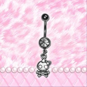 Punk Skull Mcbling Trashycore Y2K Silver Crystal Belly Bar