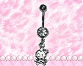 Punk Skull Mcbling Trashycore Y2K Silver Crystal Belly Bar