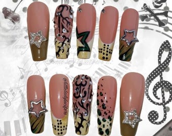 3D Animal Print Star Gyaru Mcbling Press On Gel Nails