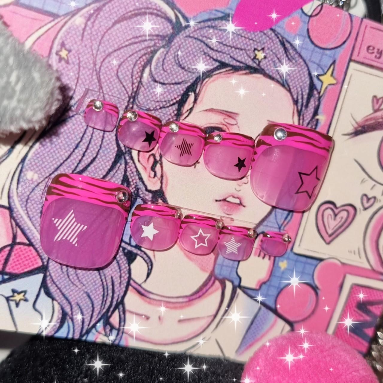 Cute Hot Pink Y2k Trashycore Mcbling Black Star Press on Toe-nails