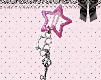 Gothic Skull Key Heart Star Pink Glitter Hairclip